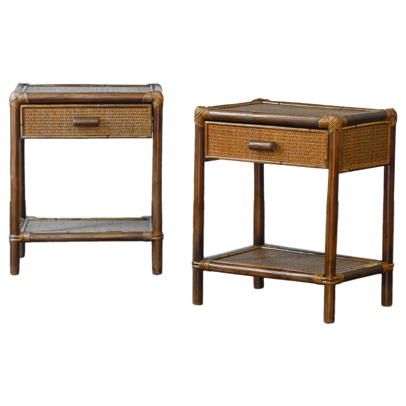 Pair of Bamboo and Wicker Bedside Tables by Edizoni Molto with Drawer and Shelf