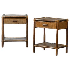Pair of Bamboo and Wicker Bedside Tables by Edizoni Molto with Drawer and Shelf
