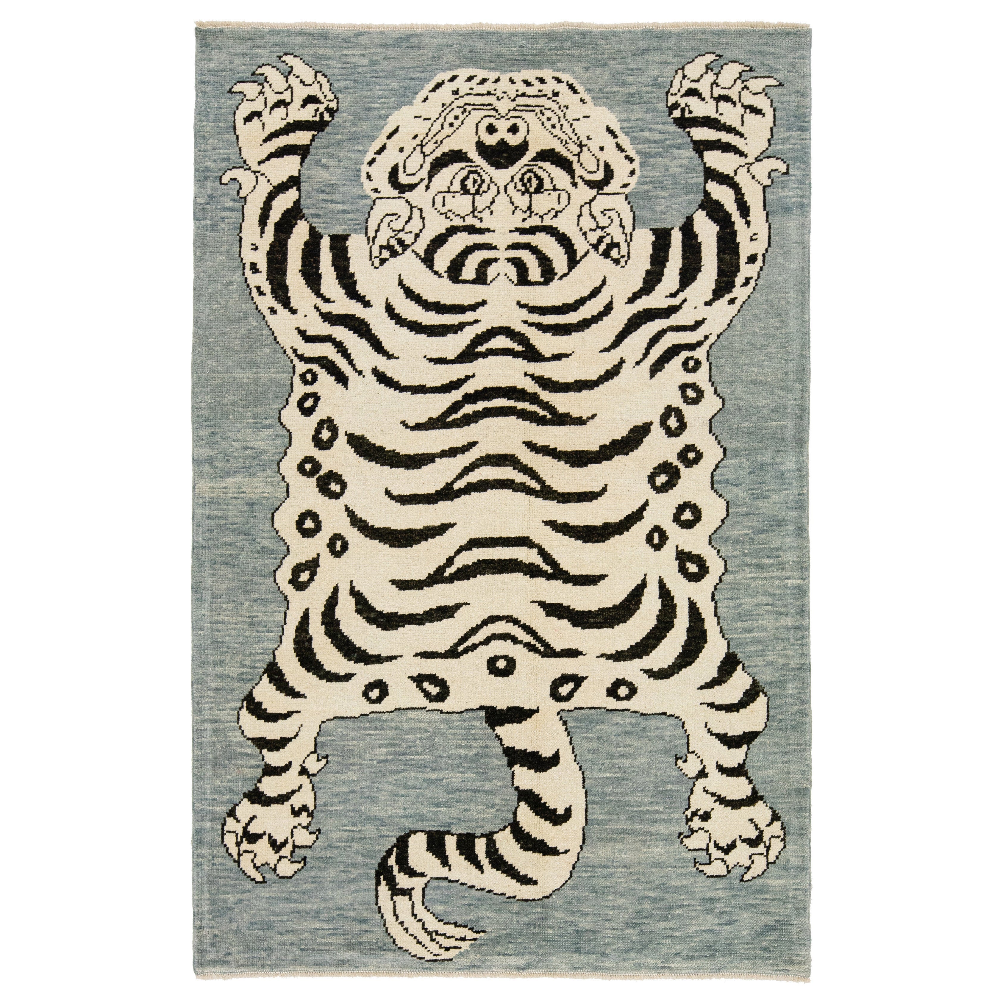 Gray Hand Knotted Contemporary Wool Rug with a Tiger Design For Sale