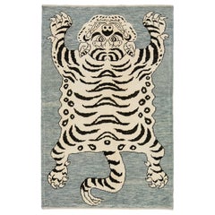 Tappeto grigio in lana contemporanea annodato a mano con design a tigre