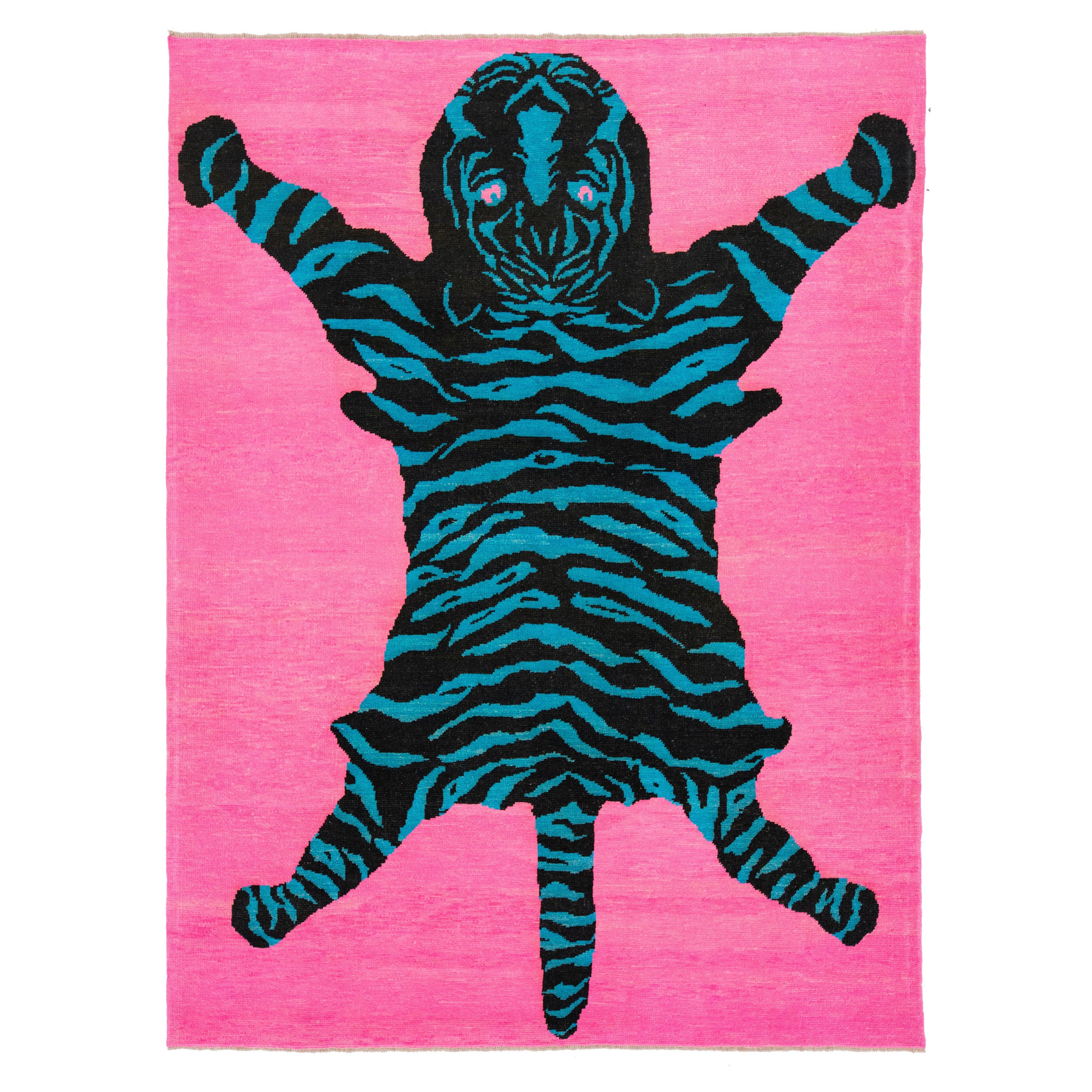 Tiger Designed Hand-Knotted Turkish Wool Rug In Pink For Sale