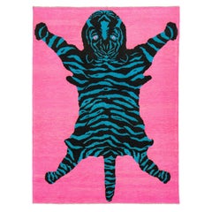 Tiger Designed Hand-Knotted Turkish Wool Rug In Pink 