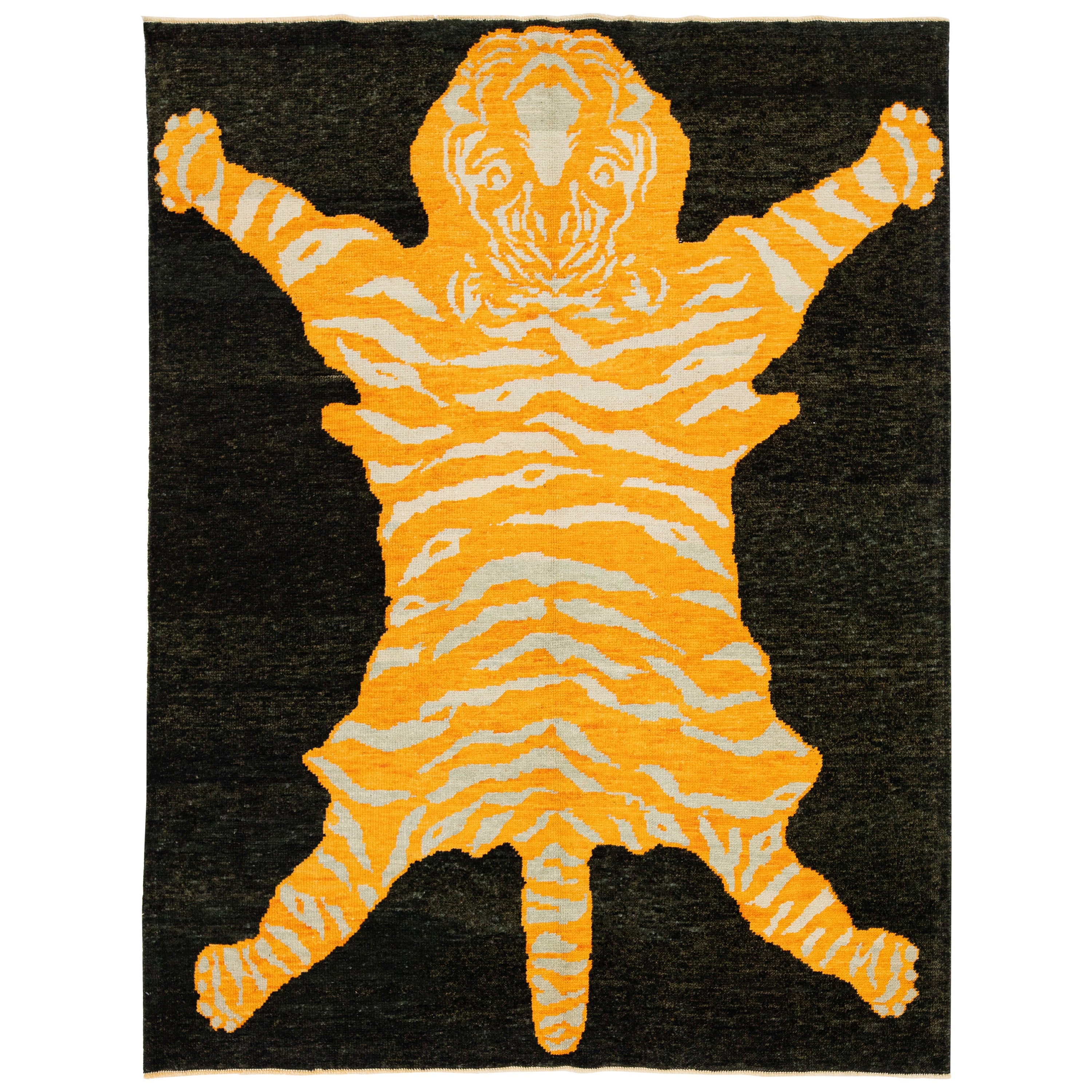 6 x 8 Handmade Tiger Designed Black Wool Rug  For Sale