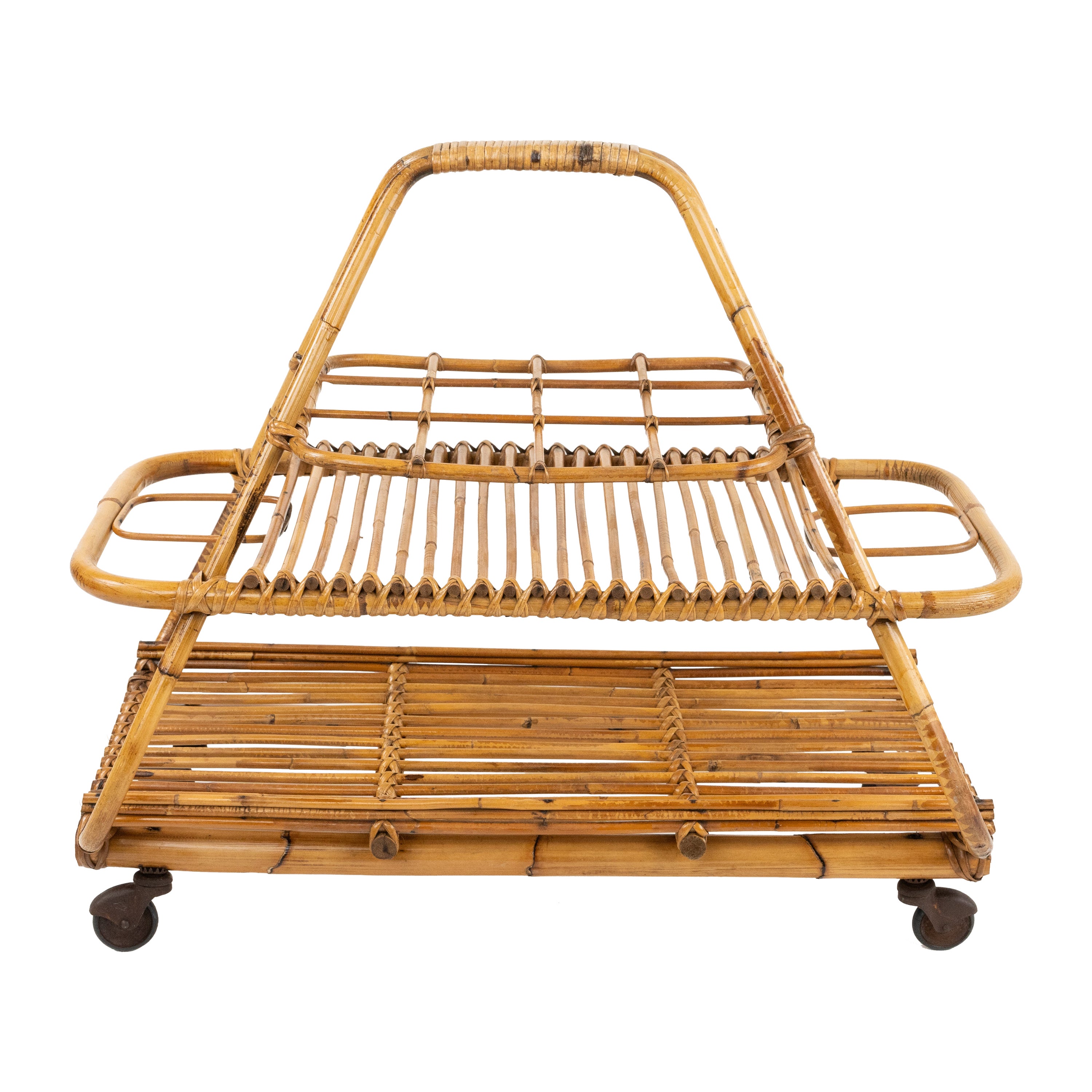 Midcentury Serving Bar Cart with bottle holder in Rattan and Bamboo, Italy 1960s For Sale