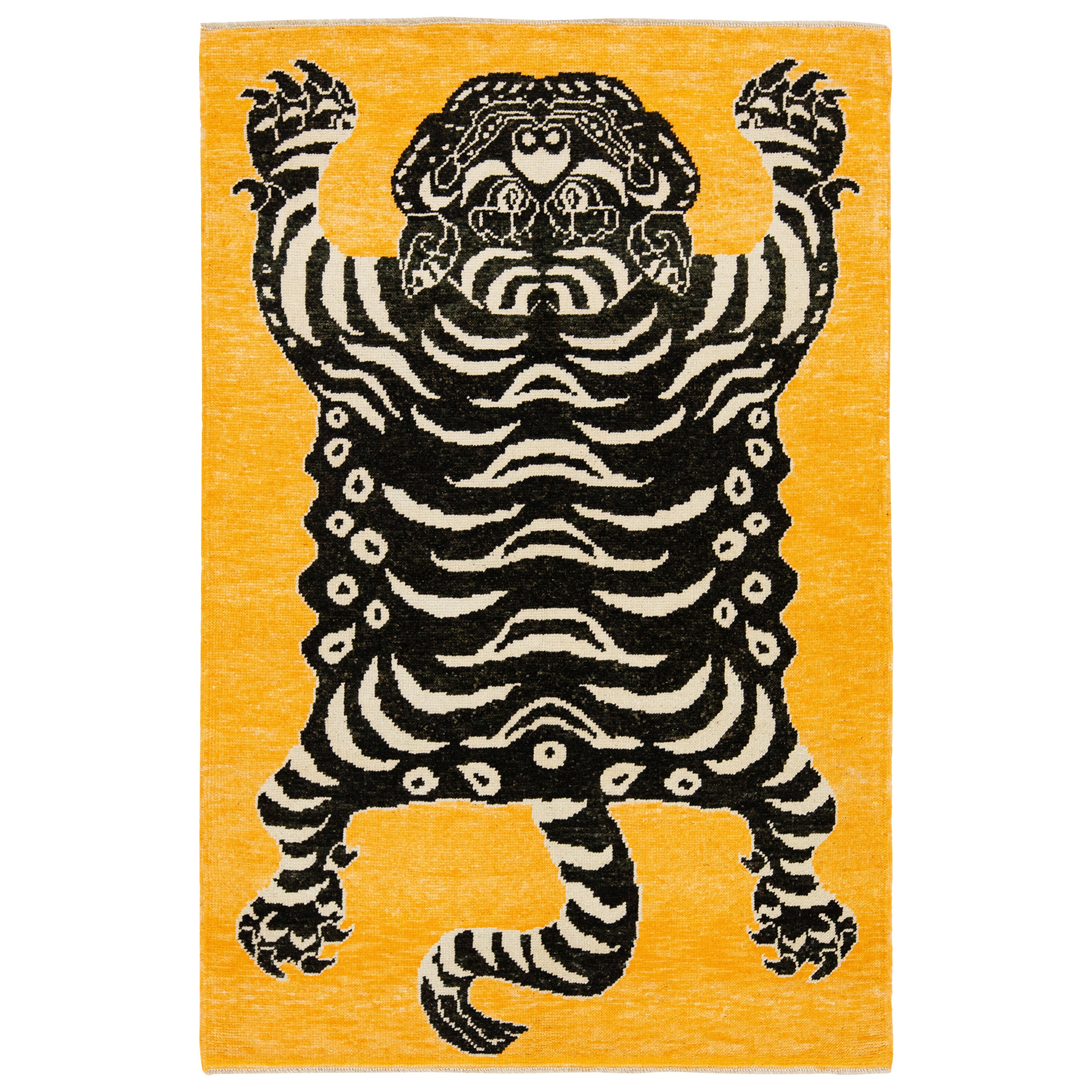 5 x 7 Hand Knotted Contemporary Wool Rug In Goldenrod Color with a Tiger Design For Sale