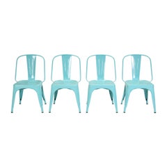 Ensemble de 4 chaises empilables en acier bleu cyan de fabrication française originale Tolix AC Style