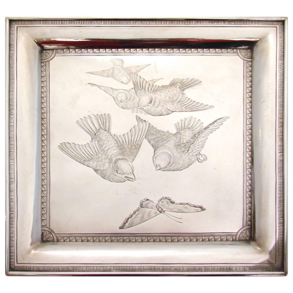 American Victorian Sterling Silver Tray by Whiting Depicting Birds and Butterfly