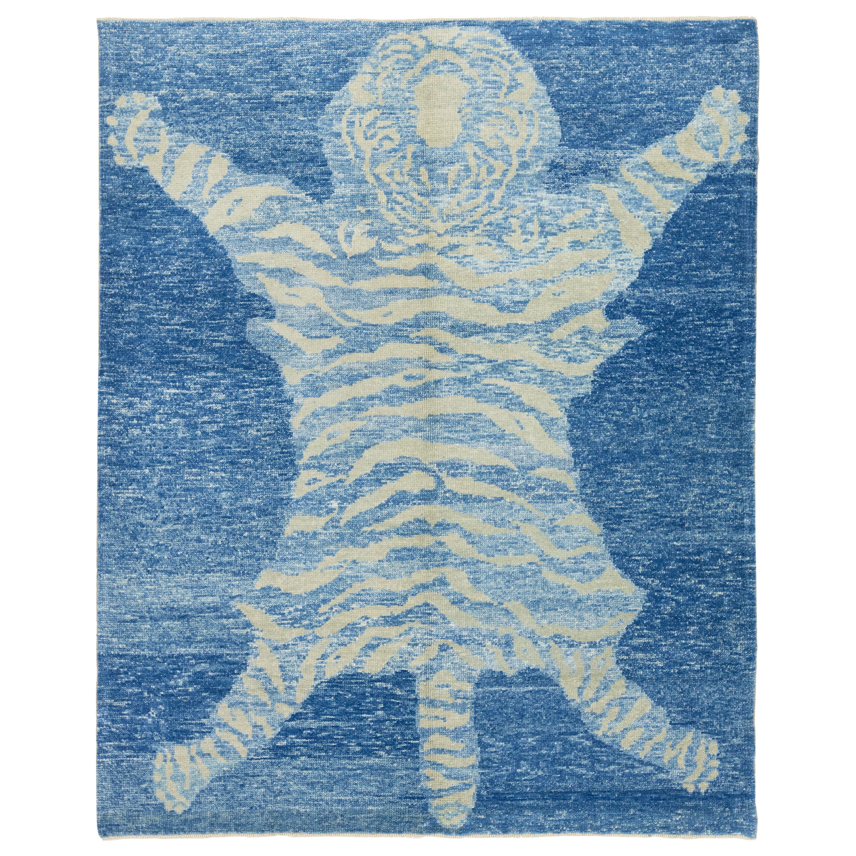 Handmade Contemporary Tiger Designed Wool Rug In Blue For Sale
