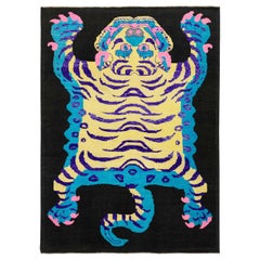 Alfombra de lana anudada a mano de diseño pictórico moderno en negro