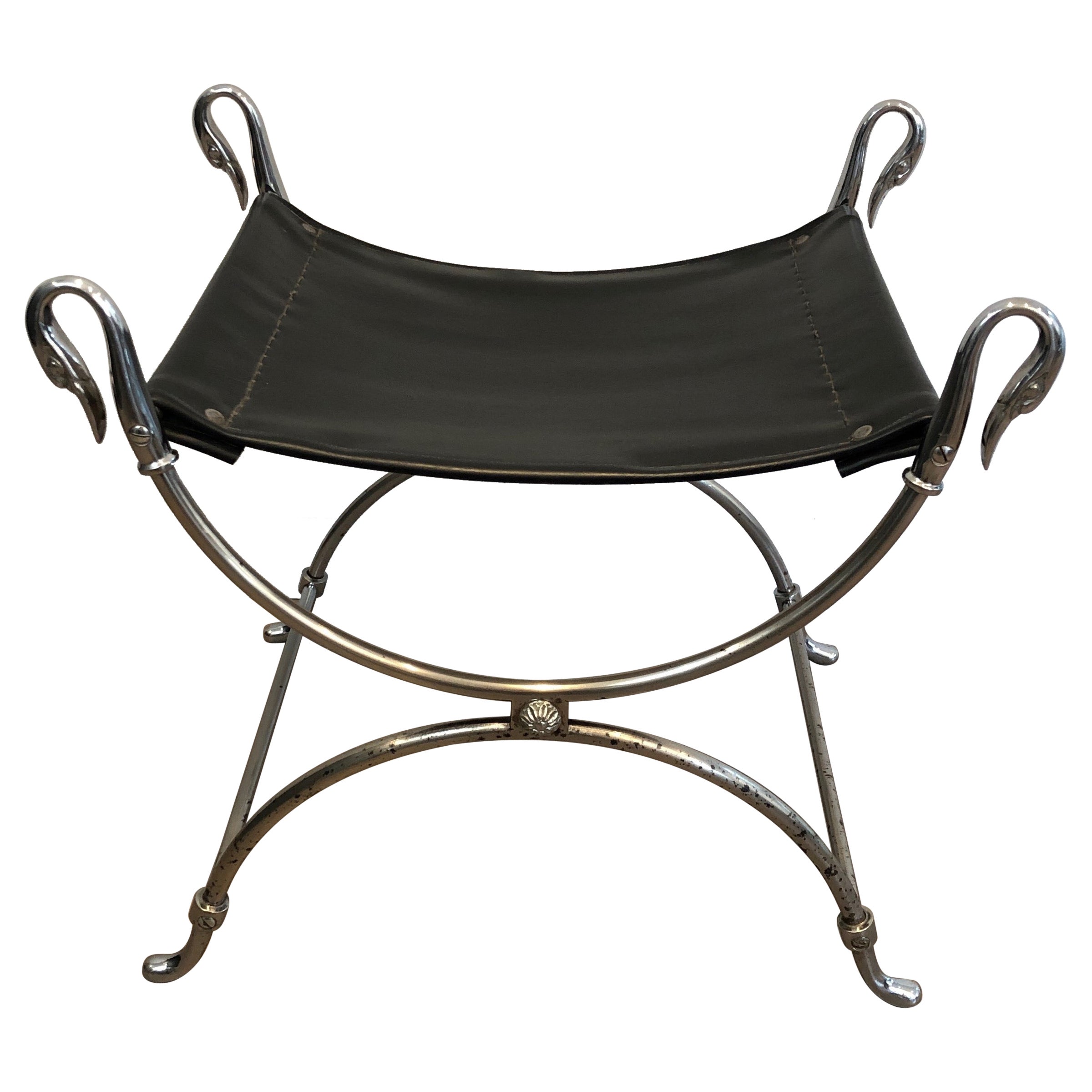 Neoclassical Style Silvered Steel Curule Stool with Swan Heads and Faux-Leather