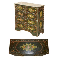 ANTique WEDISH HAND PAINTE À LA MAIN FLORALE GREEN TWO OVER THREE CHEST OF DRAWERS