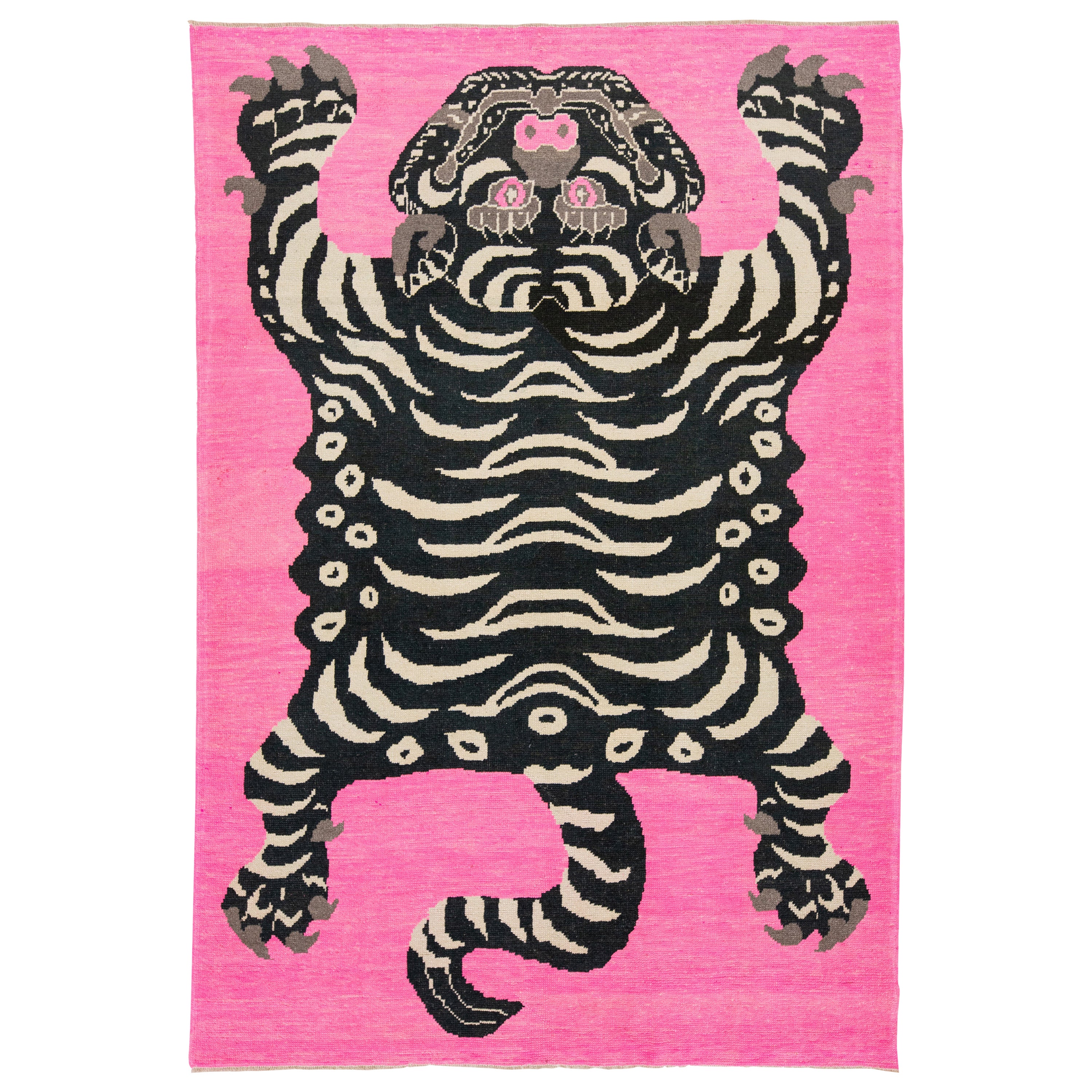 Room Size Handmade Turkish Wool Rug In Pink With A Tiger Motif  For Sale