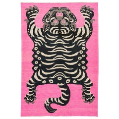 Room Size Handmade Turkish Wool Rug In Pink With A Tiger Motif 