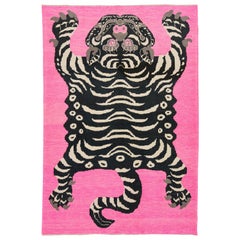 Room Size Handmade Turkish Wool Rug In Pink With A Tiger Motif