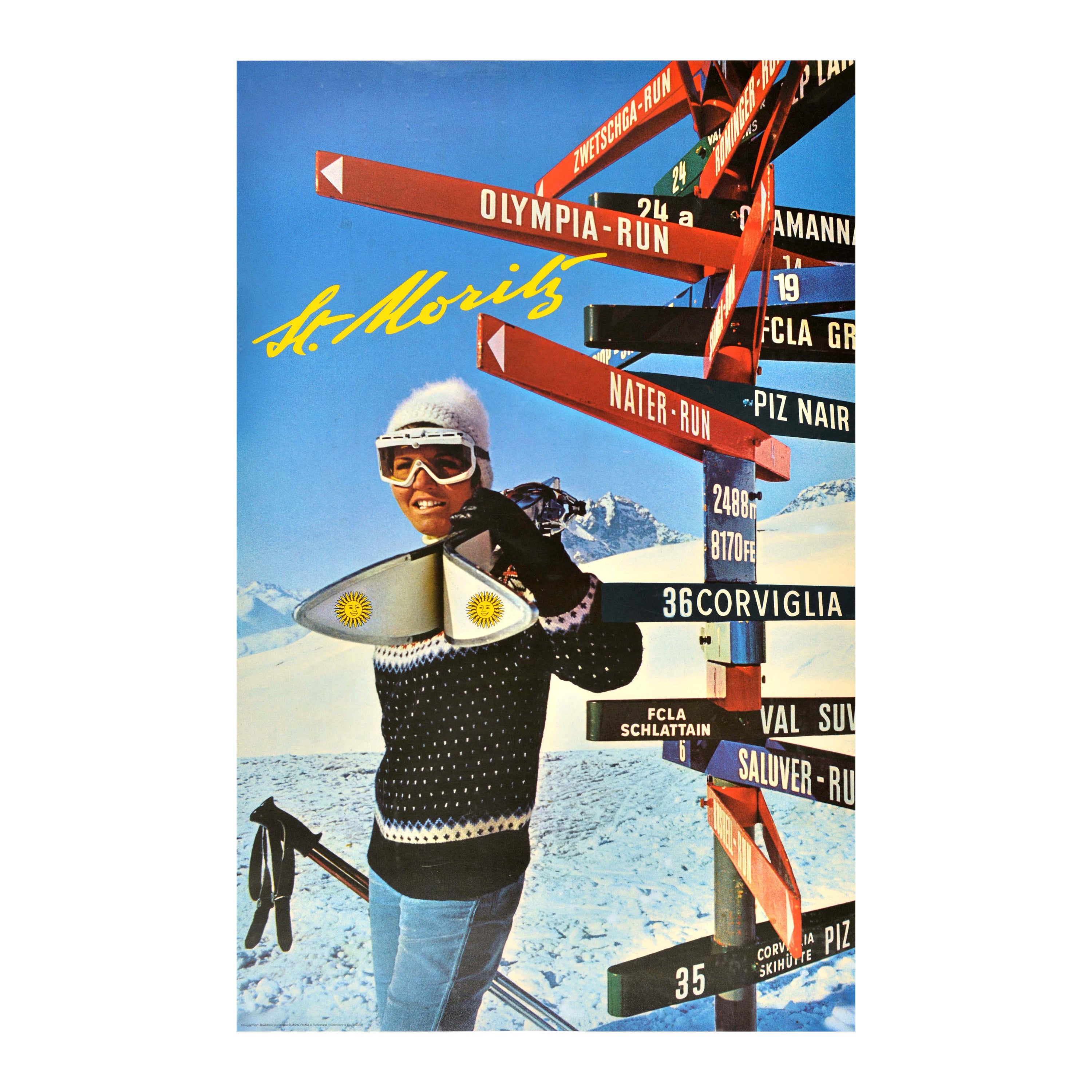 Original Vintage Sport Travel Poster St Moritz Skiing Switzerland Piste Run Post For Sale