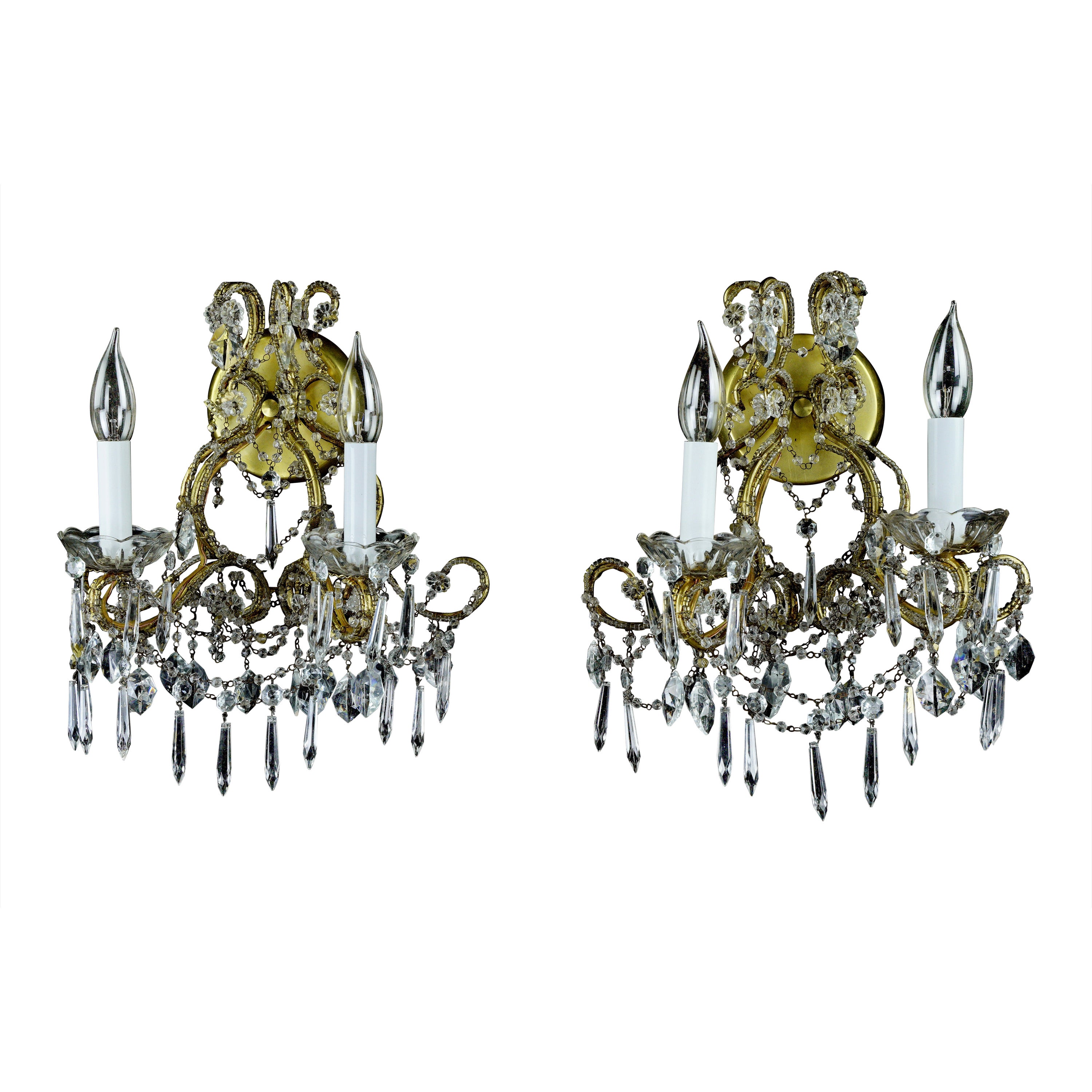 Pair of Victorian Brass & Crystal 2 Arm Wall Sconces
