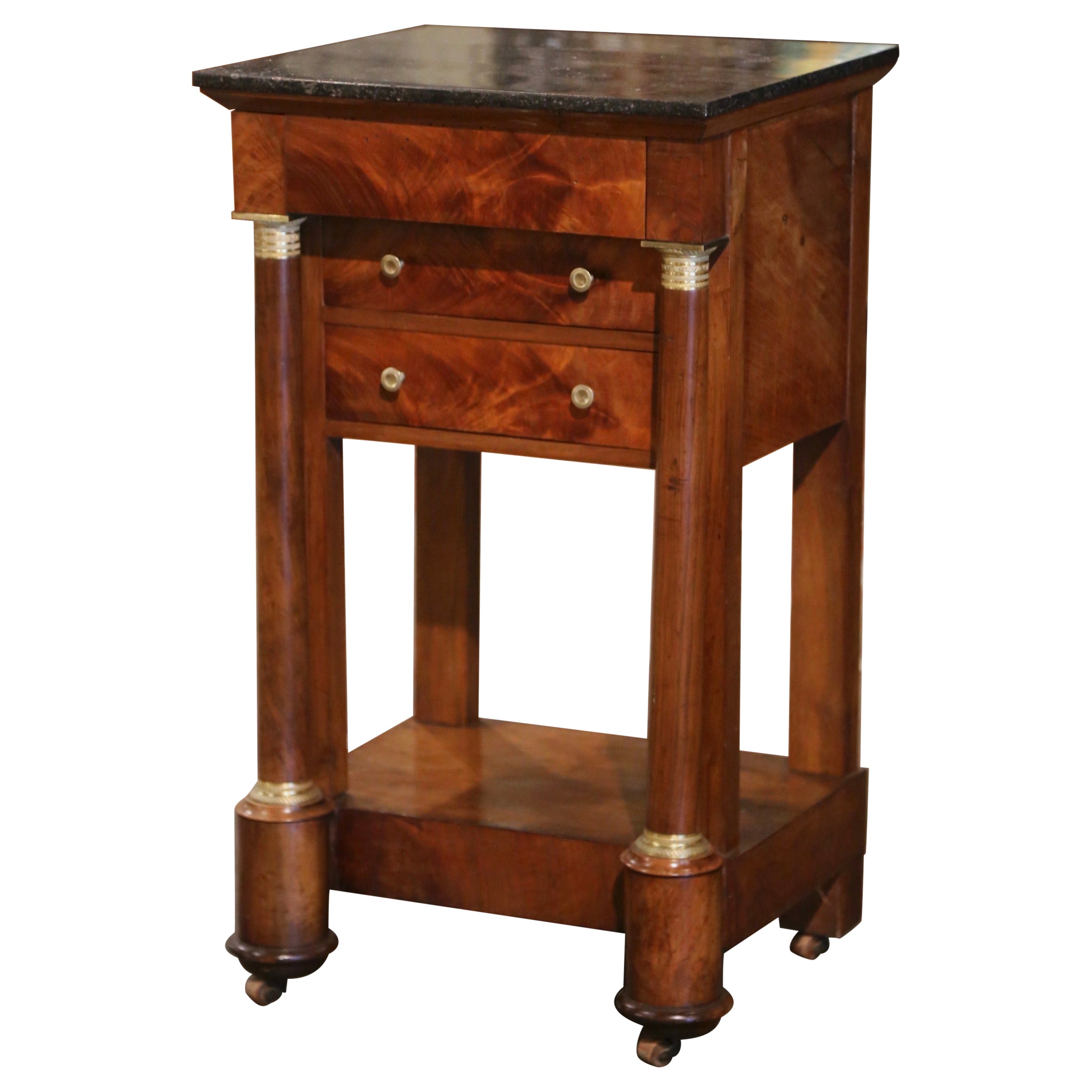 19th Century French Empire Marble Top Mahogany Bedside Table with Drawers