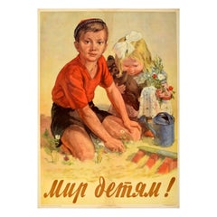 Affiche vintage originale de propagande contre la guerre soviétique, Paix aux enfants, URSS
