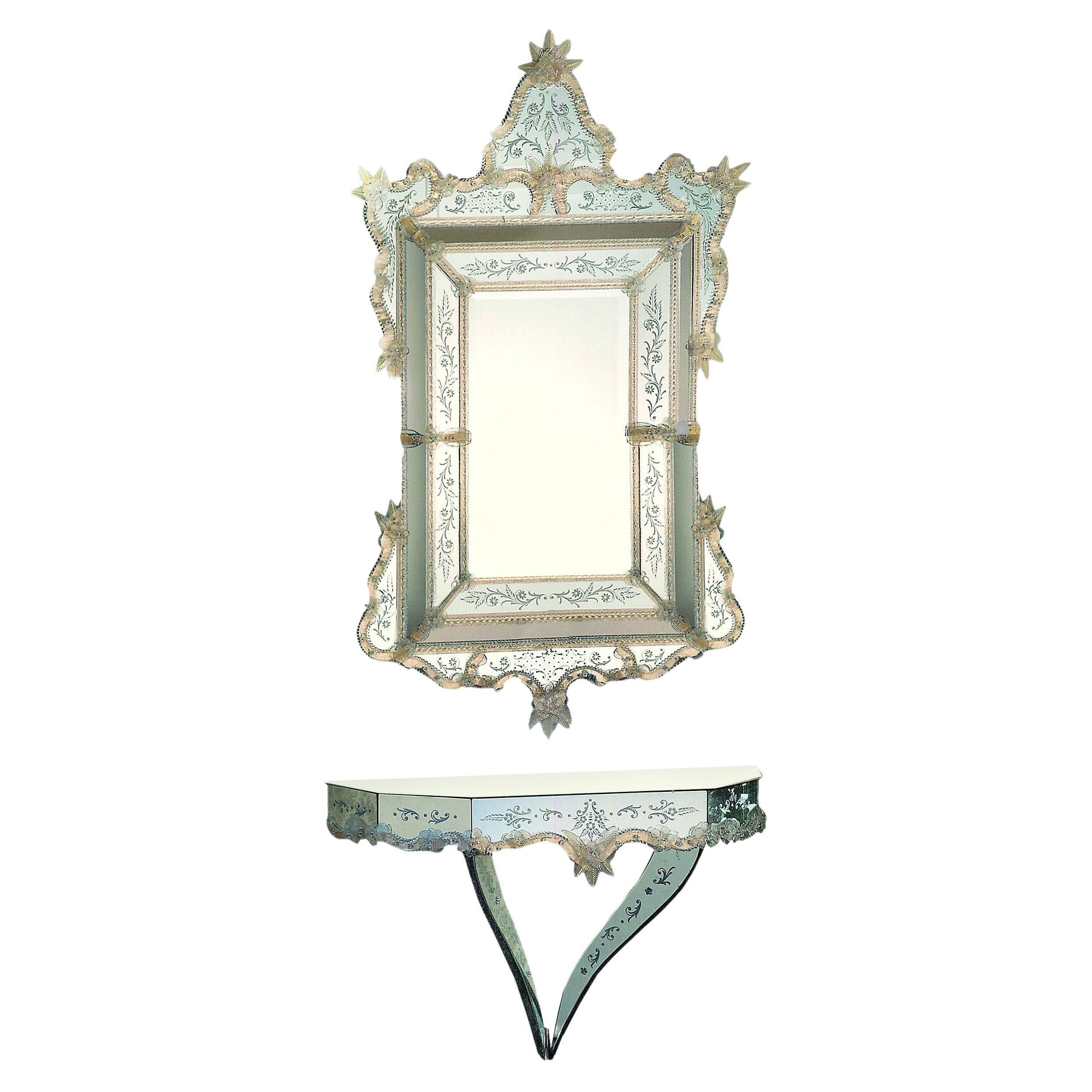 Set Specchio + Consolle in Vetro di Murano in Stile Veneziano