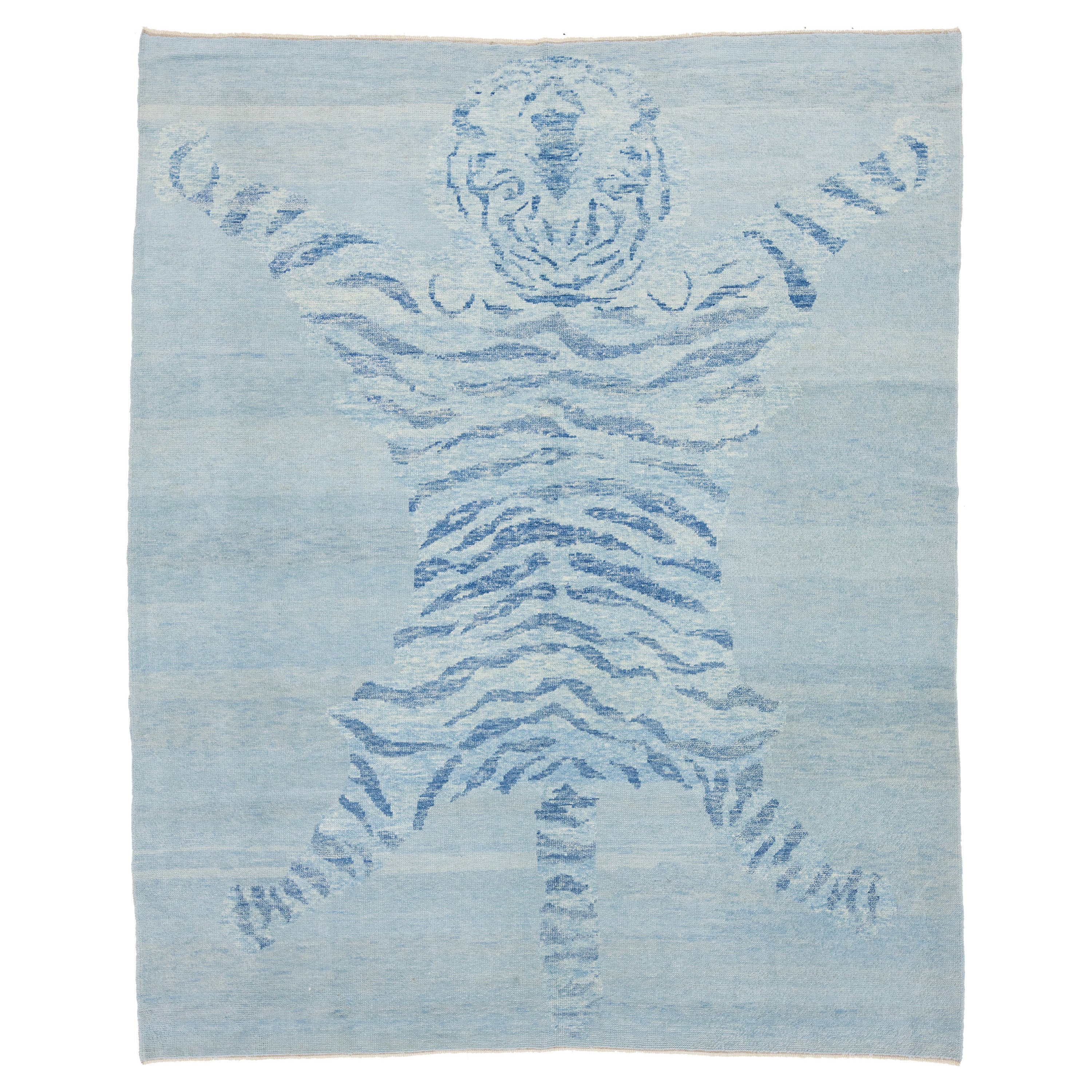 Handmade In Light Gray Modern Wool Rug with a Tiger Design For Sale