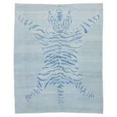 Handmade In Light Gray Modern Wool Rug with a Tiger Design