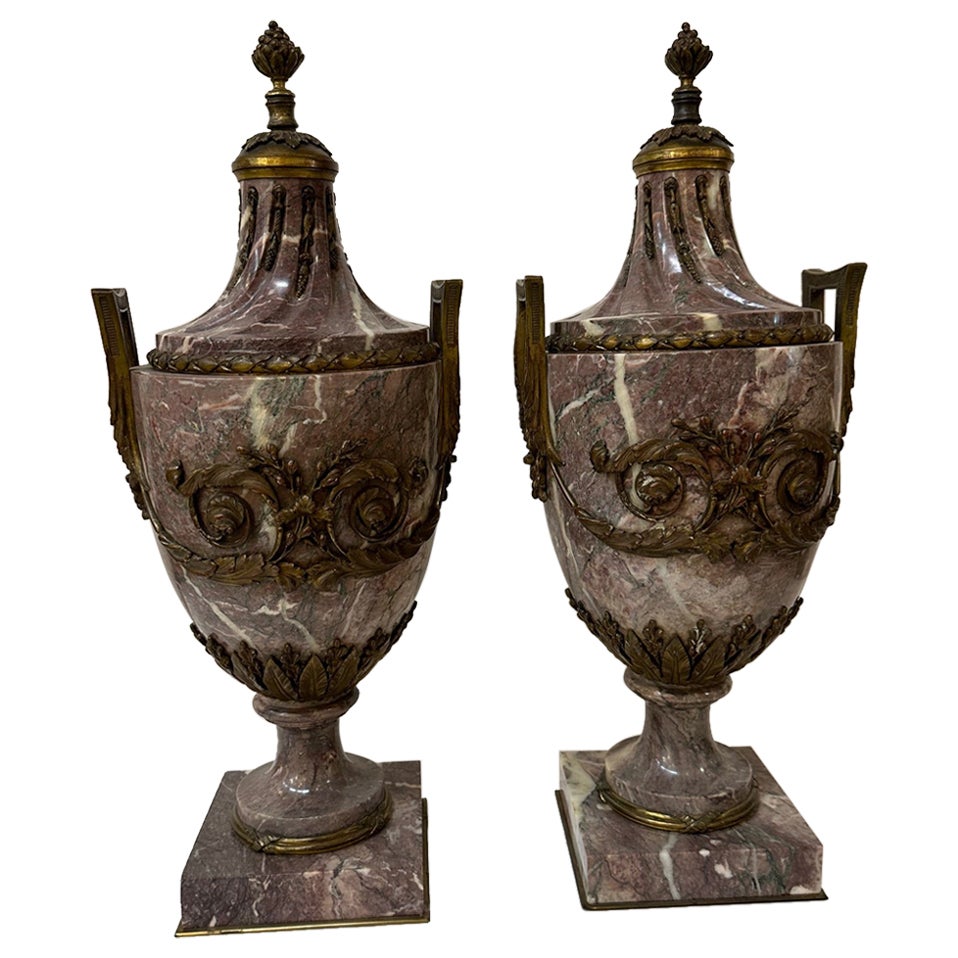 Pair of Continental Gilt Bronze-Mounted Marble Urns  For Sale