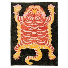 Brown Hand Knotted Contemporary Wool Rug with a Tiger Motif