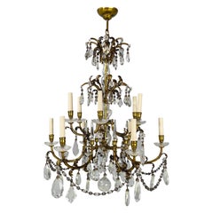 Antique Italian arte deco Glass drop chandelier with brass structure, 1900-1950s