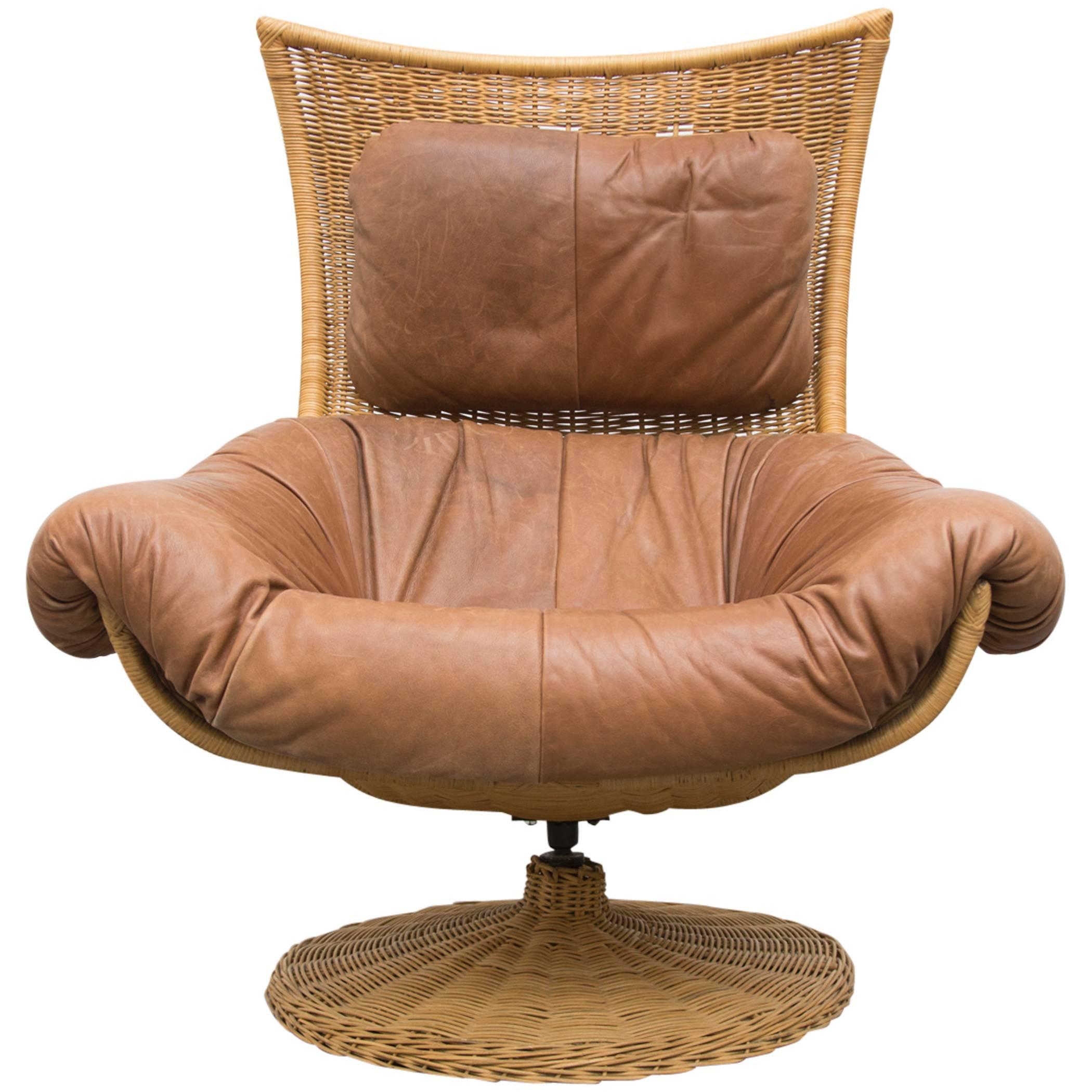 Gerard Van Den Berg Leather and Rattan Swivel Lounge Chair for Montis