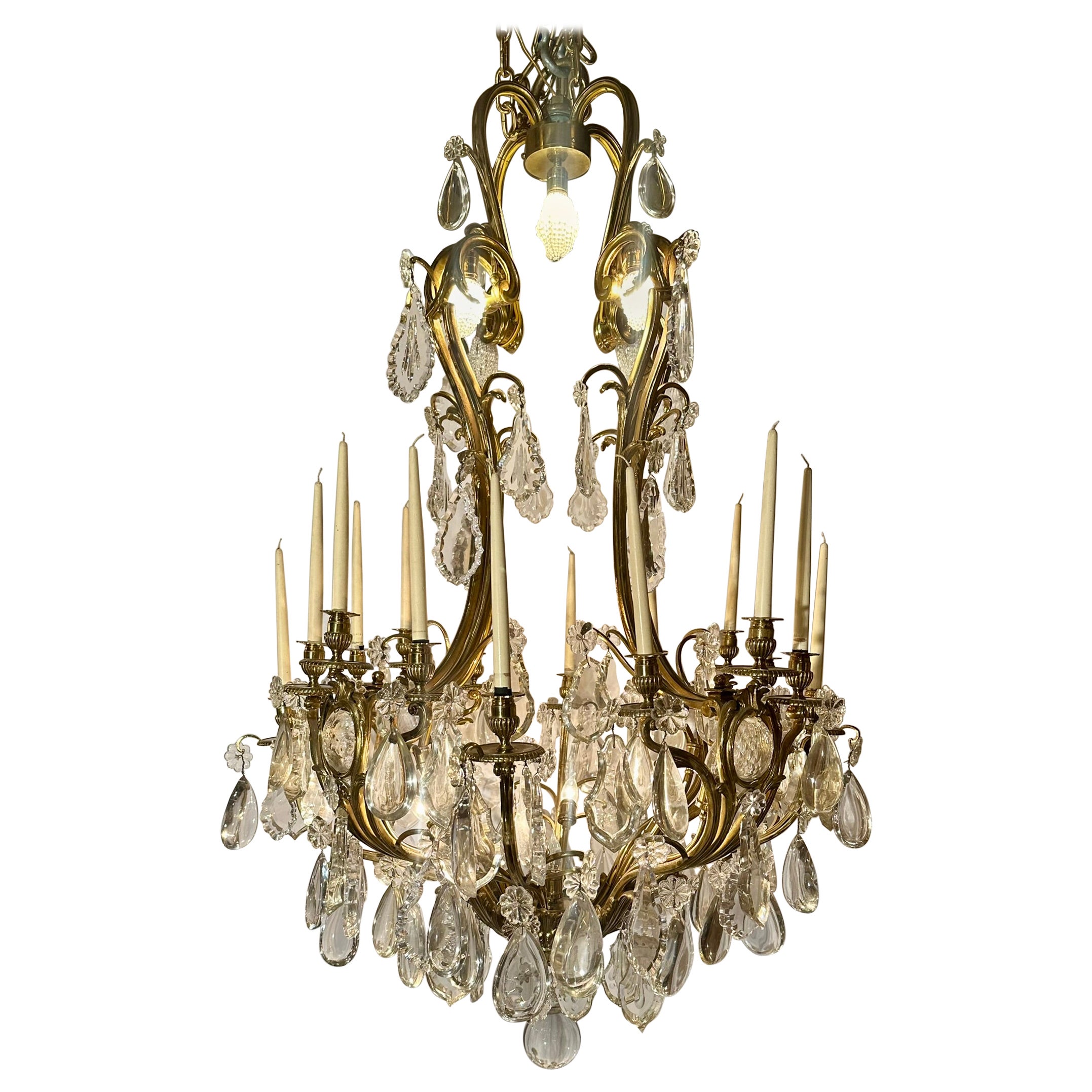 Antique French Baccarat Crystal and Gold Bronze Chandelier, Circa 1890.