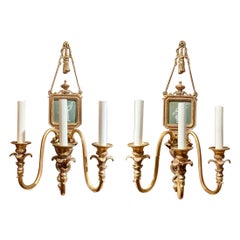 Pair Antique English Gold Bronze & Wedgwood Porcelain Wall Sconces, Circa 1890.