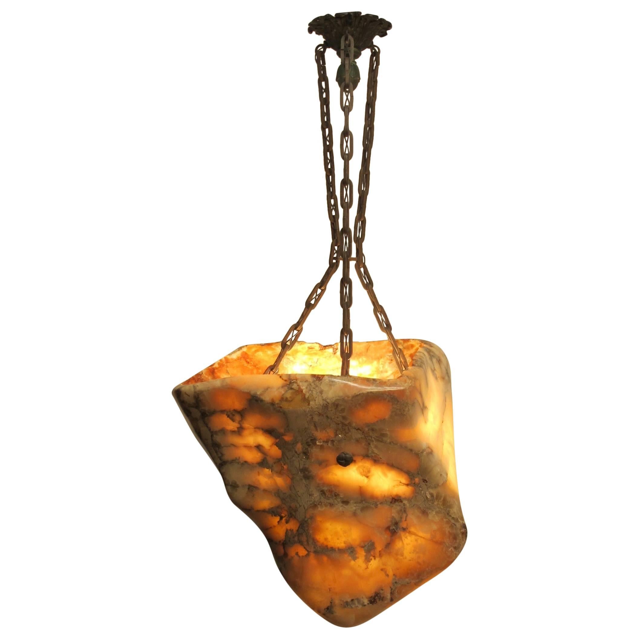 Alabaster Light Fixture with Antique Bronze Hardware For Sale