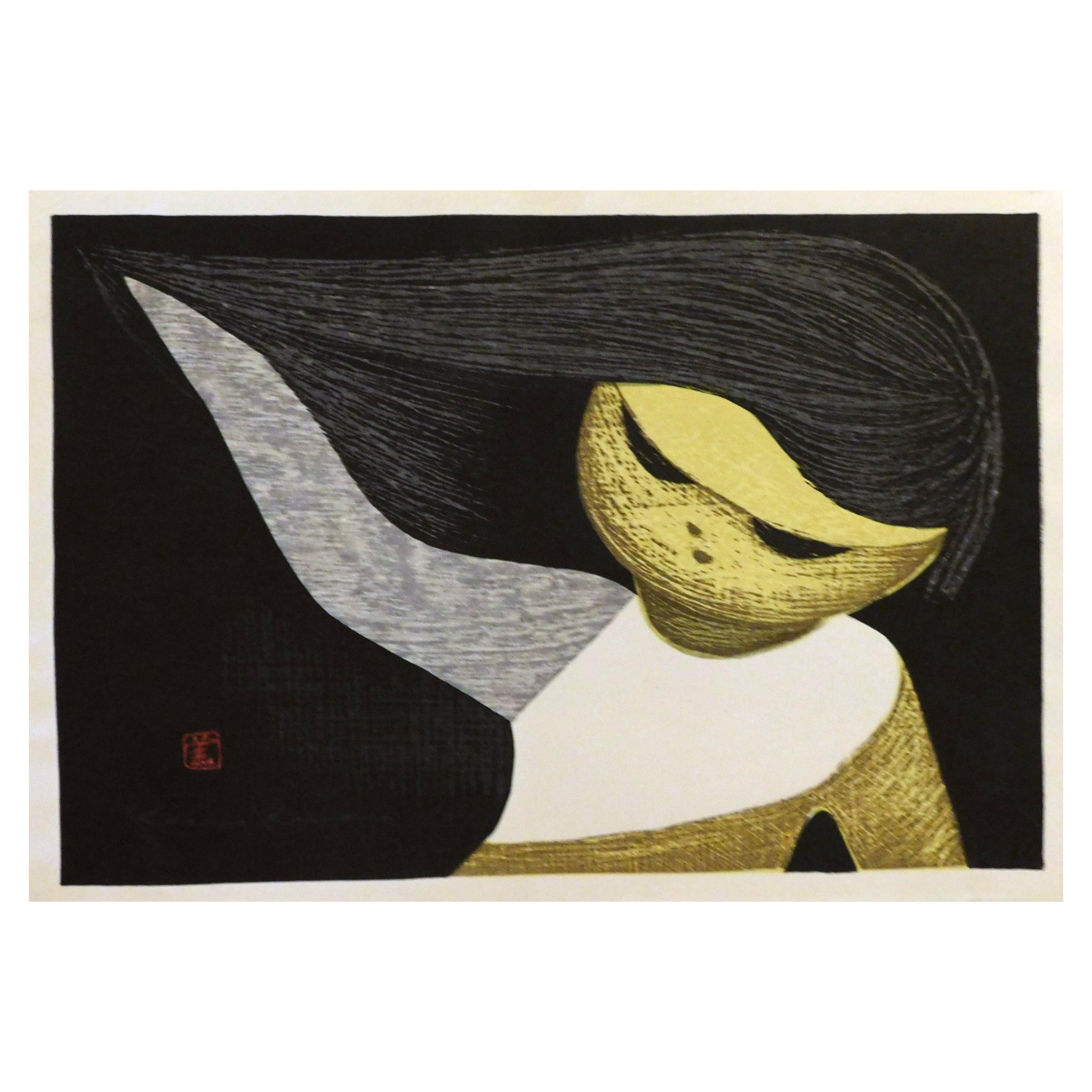 Kaoru Kawano Japanese Color Woodblock Print - “Gentle Breeze” For Sale