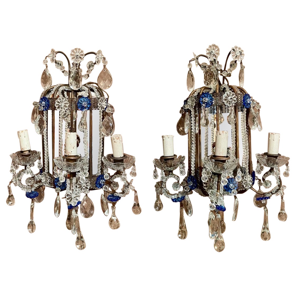 Pair Estate Italian Mirrored and Venetian Glass Beaded Wall Sconces, Circa 1940. For Sale