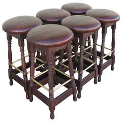 Set of Six Mid-Century Bar Stools Upholstered in Faux Alligator Leather