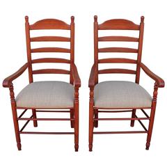 Matching Pair of 19th Century N.E. Red Painted Ladder Back Arm Chairs