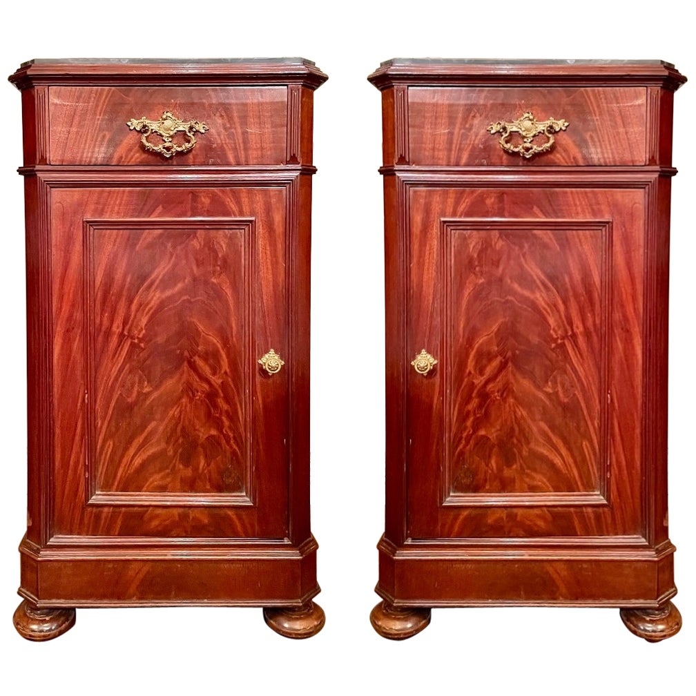 Pair Antique French Mahogany Cabinets with Marble-Tops, Circa 1890-1900.