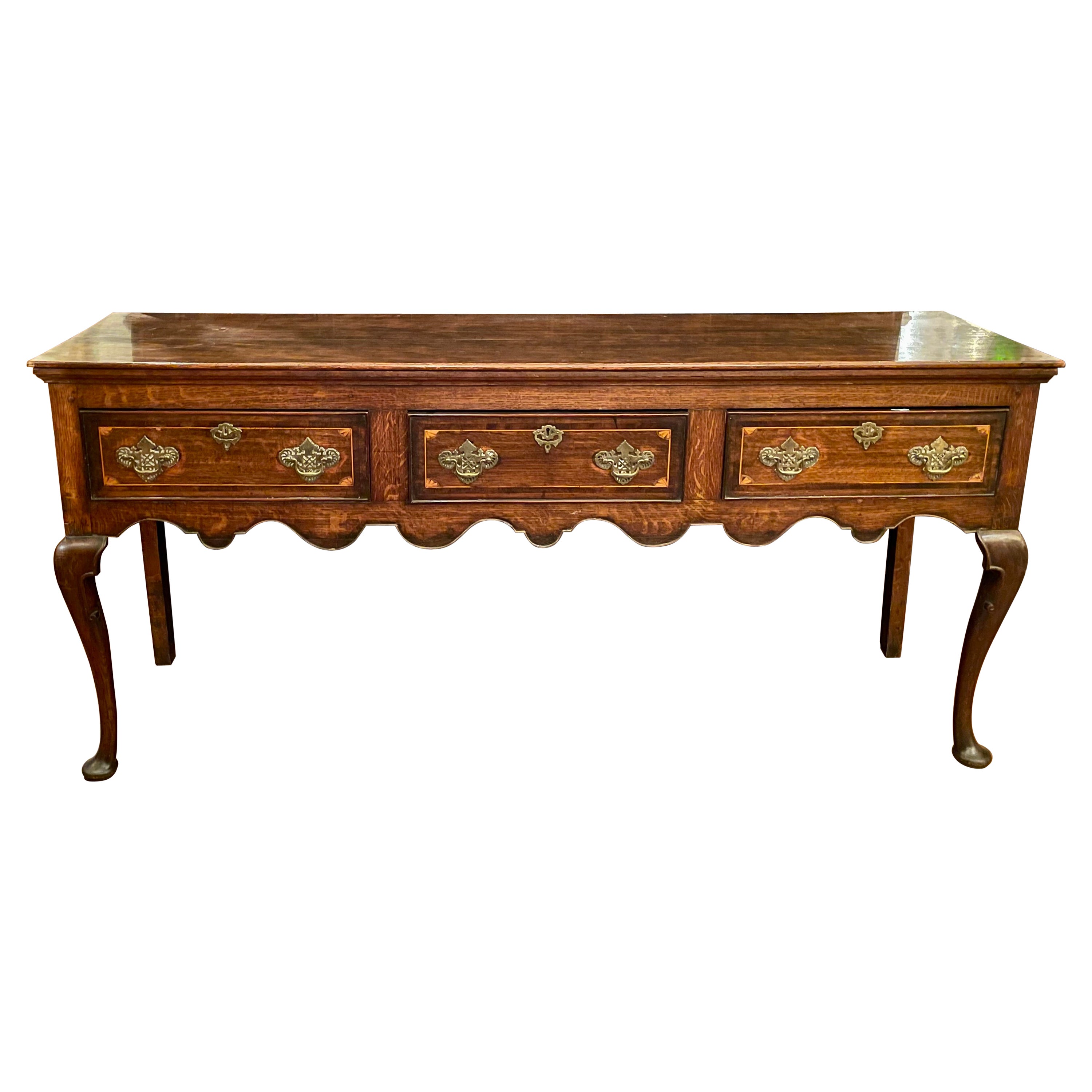 Antique English Oak Welsh Dresser Base with Satinwood Banding, Circa 1840.