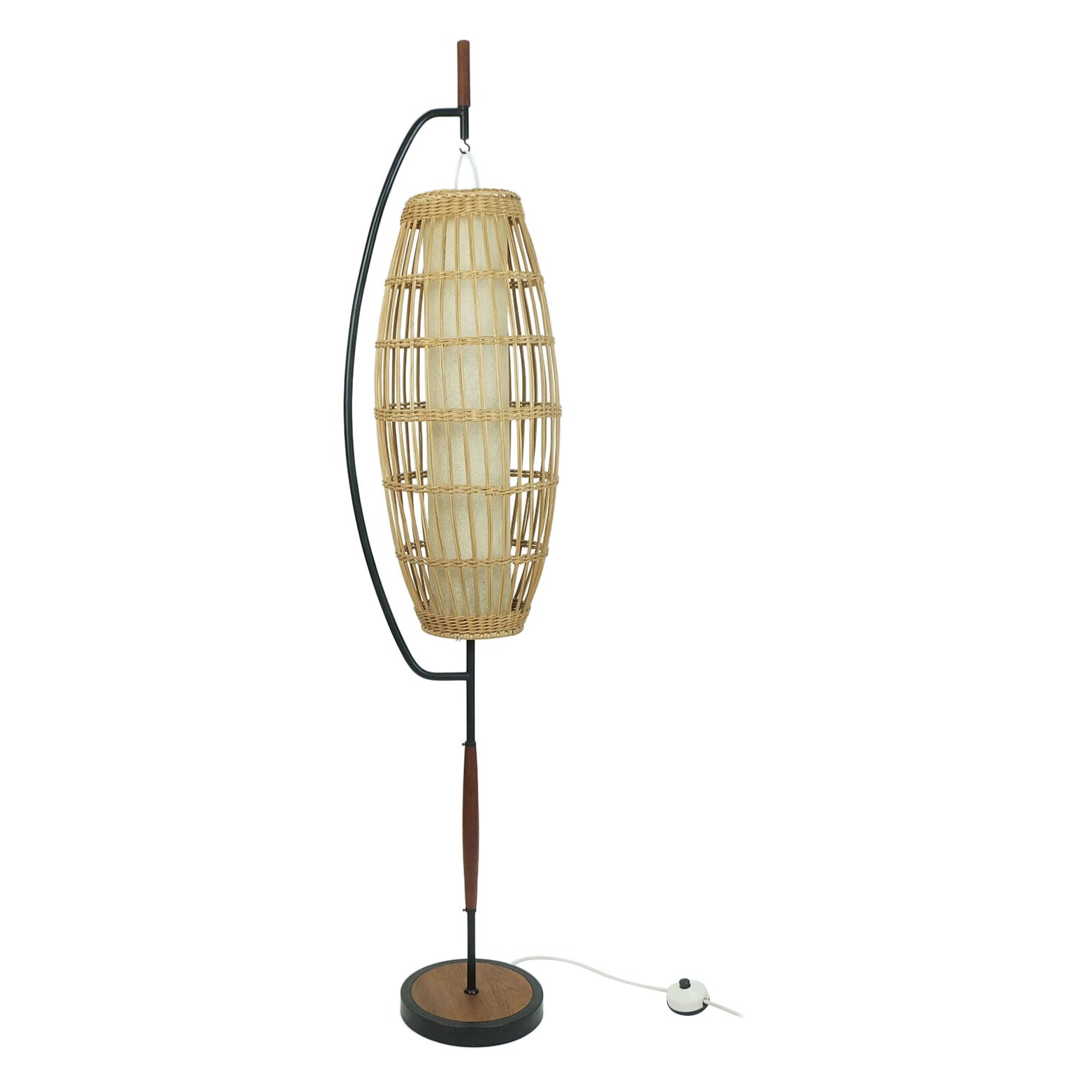 extraordinary and rare mid century FLOOR LAMP rattan weave teak black metal 1960 For Sale