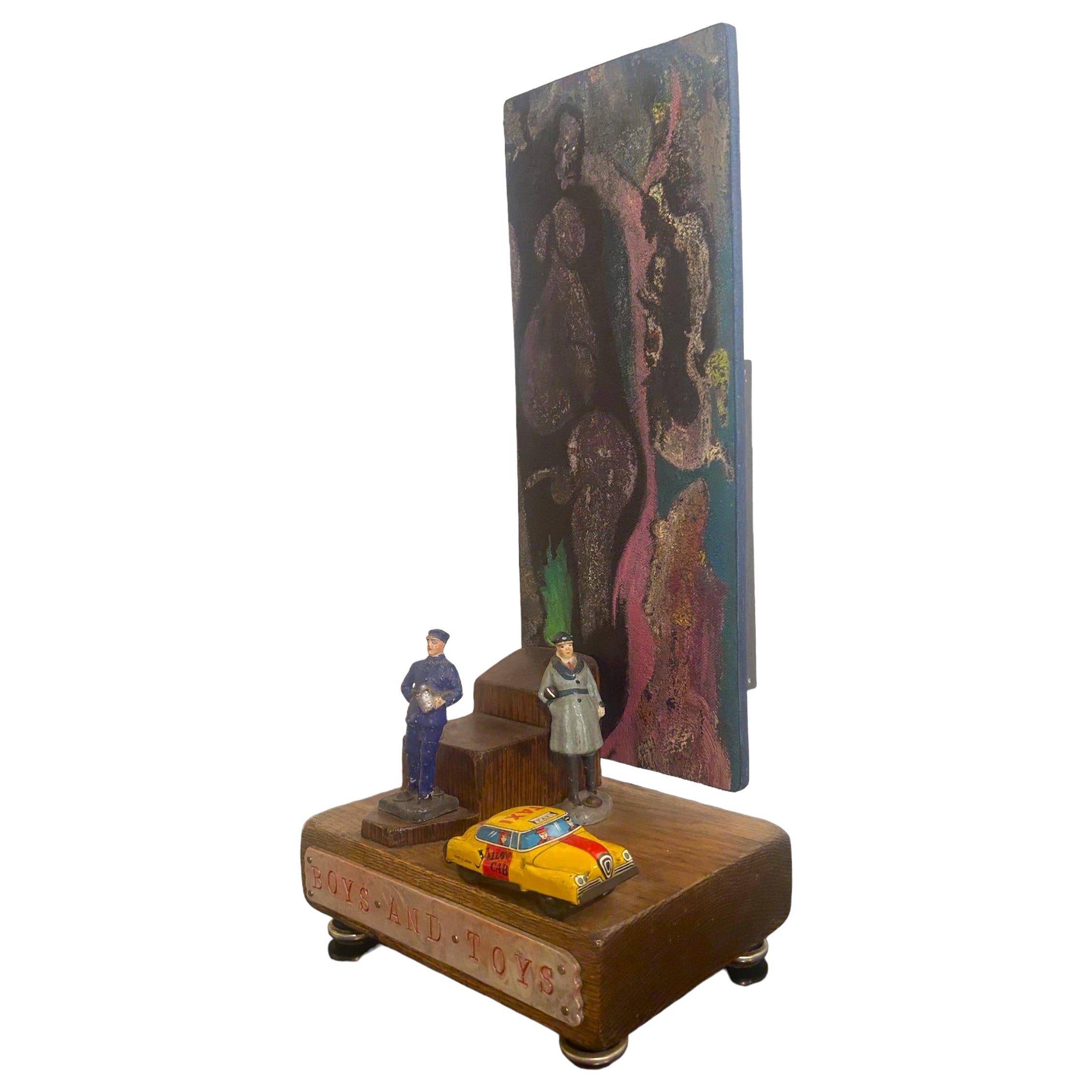 Boys and Toys – Gemälde- und Schminkspiegel mit antiken Spielzeugen, Kunstgegenstand im Angebot