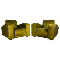 Pair Of Green Velvet Art Deco Lounge Club Chairs Mid Century Vintage Retro MCM