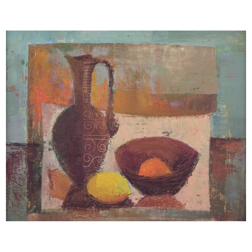 Swedish artist. Oil on board. Modernist still life with a pitcher and lemon. 