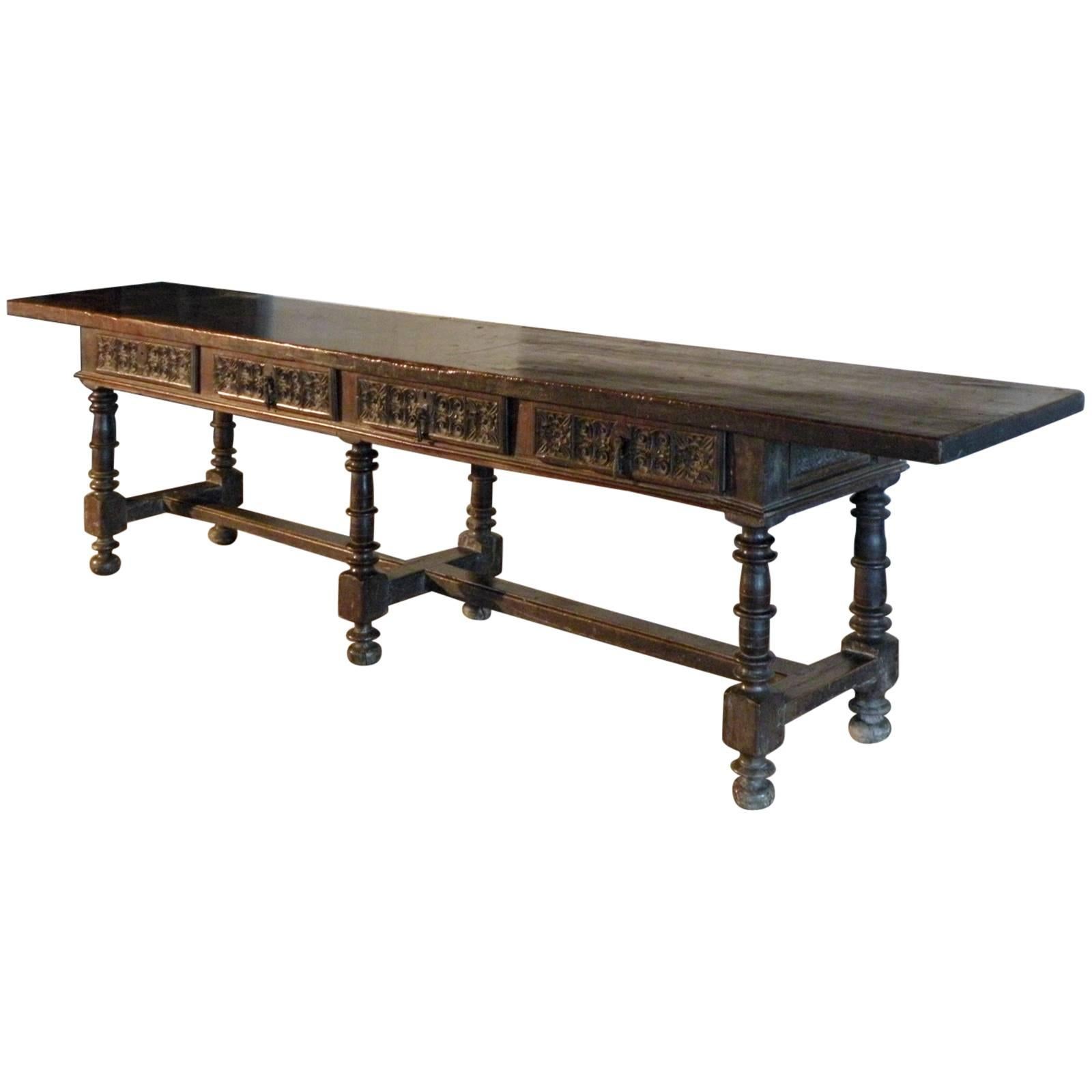 17th Century Baroque Spanish Walnut long, narrow Center or Console Table For Sale