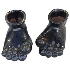 Monumental Pair of Feet Foot Sculpture Terra Cotta Glazed Mid-Century Modern Pot