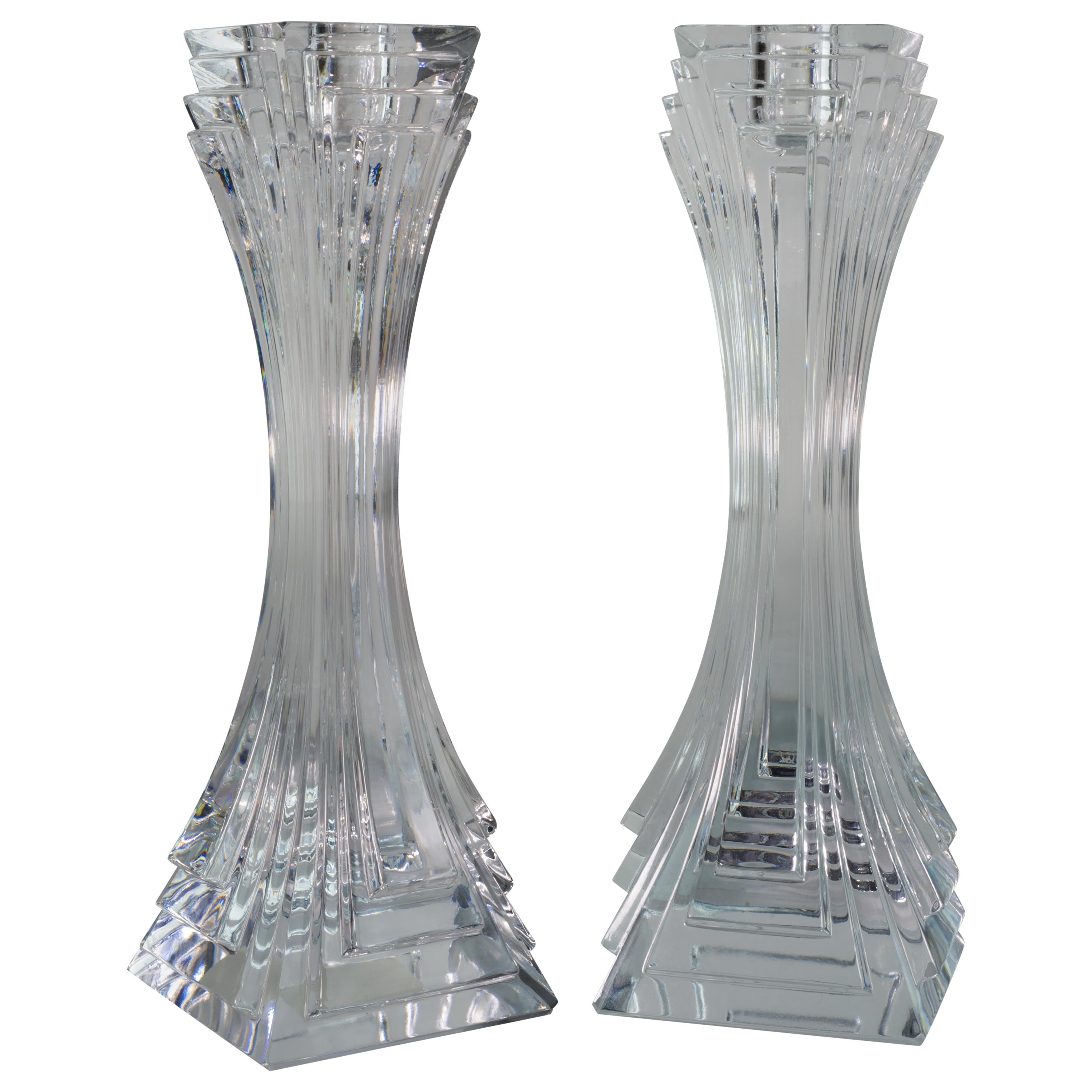 Art Deco Revival Pair of Tall Crystal Candlesticks For Sale