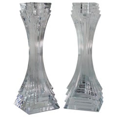 Retro Art Deco Revival Pair of Tall Crystal Candlesticks