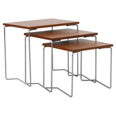 Set of Three Mid-Century Teak Nesting Tables with Chrome Wire Legs