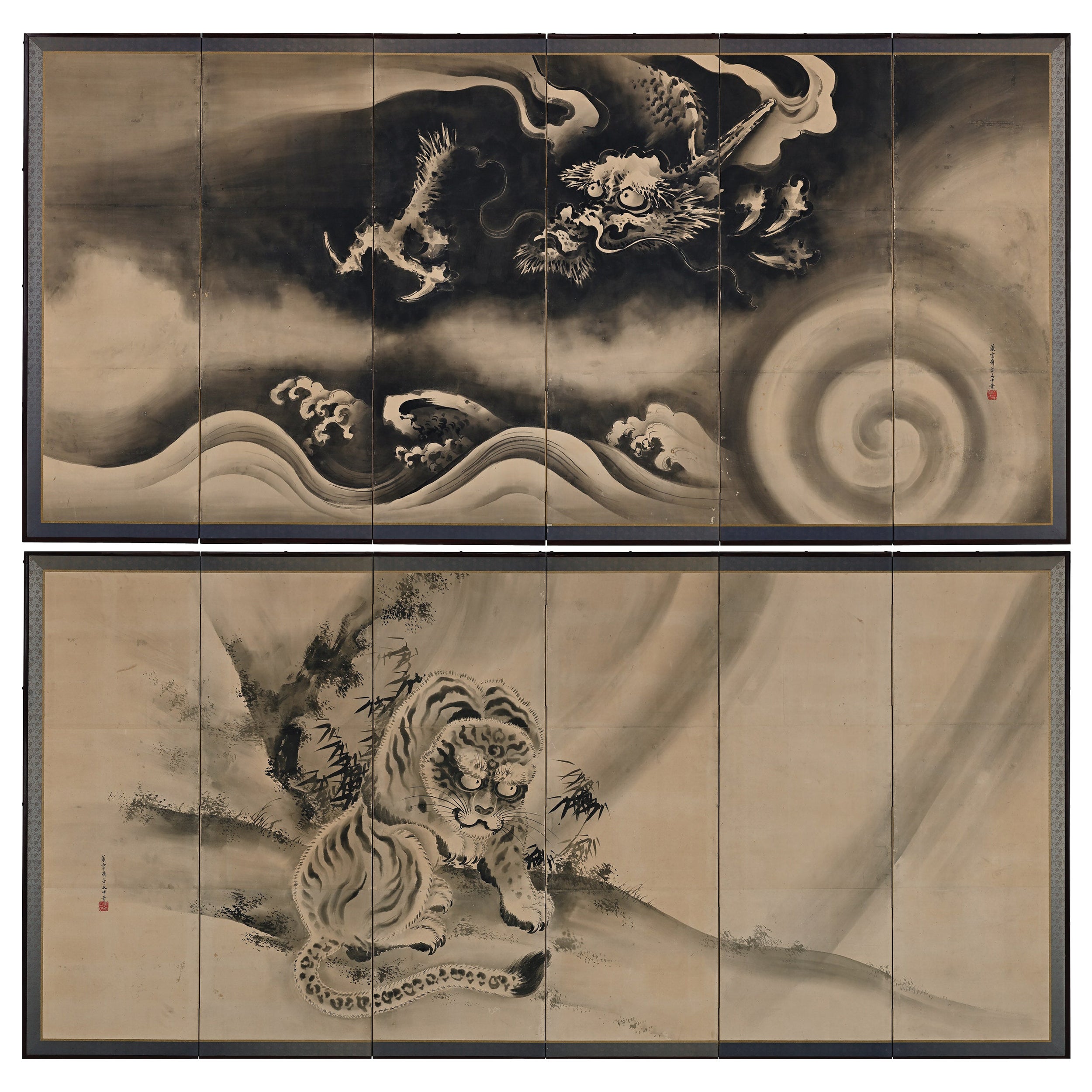 Paire d'écrans japonais du 19ème siècle. Tigre et dragon de Tani Bunchu. 