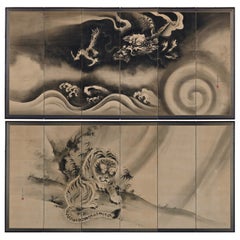 Antique 19th Century Japanese Screen Pair. Tiger & Dragon by Tani Bunchu. 
