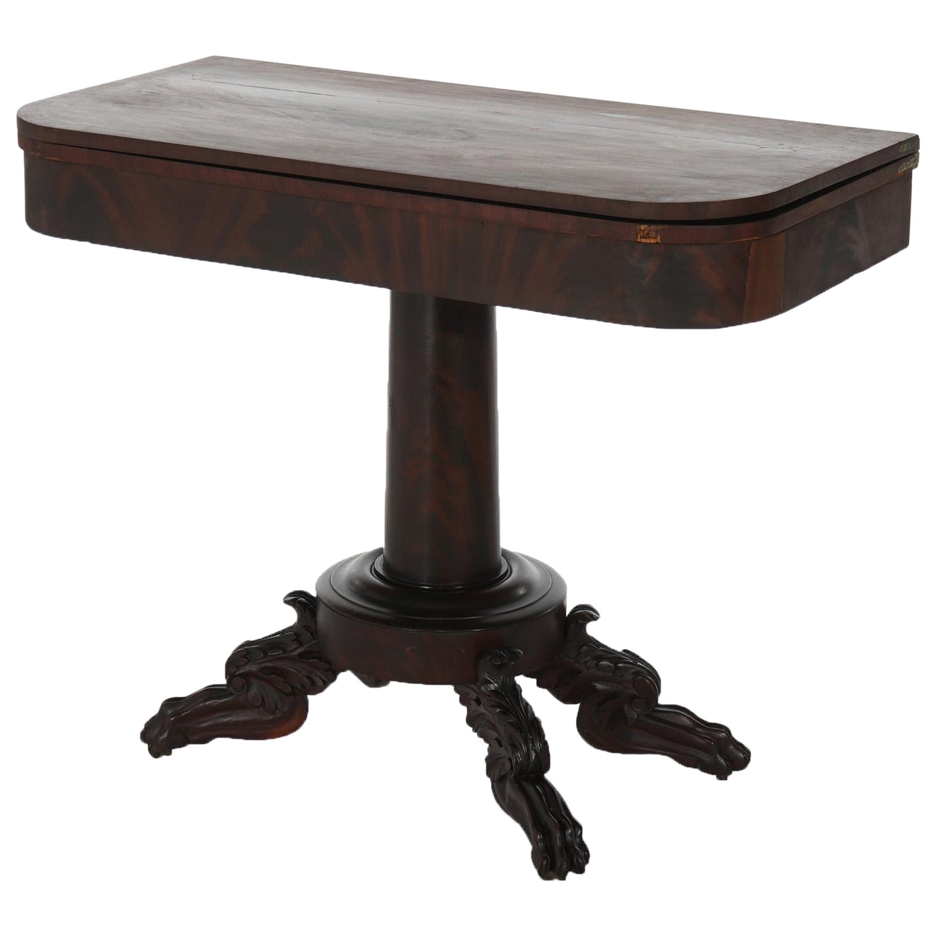 Neoclassical American Empire Flame Mahogany Game Table with Paw Feet c1840